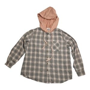 Briley Womens Hooded Plaid Flannel Button Up Shirt‎ Medium Gray Pink Fall Cozy